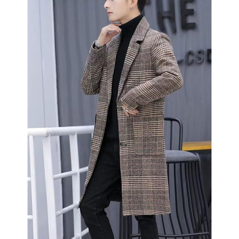 🆕Men's Khakhi Wool Blend Pea Coat Notched Collar Single Breasted Overcoat